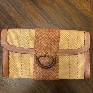COLE HAAN WOVEN BROWN‎ LEATHER TRIM STRAW CLUTCH BAG NWOT B